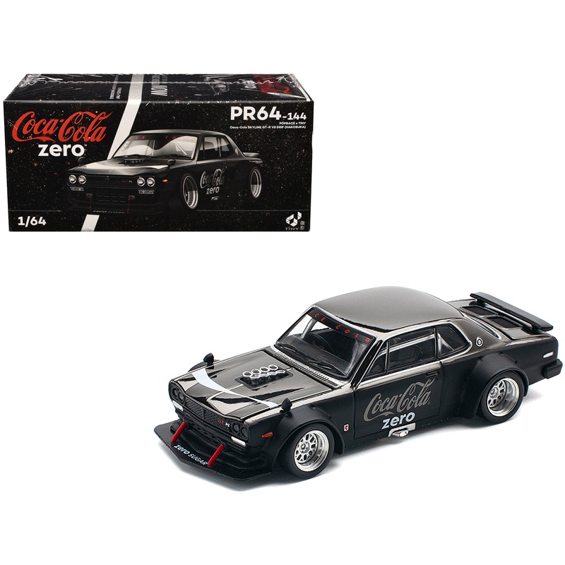 Skyline GT-R V8 Drift “Hakosuka” RHD (Right Hand Drive) “Coca-Cola Zero” Dark Chrome and Black 1/64 Diecast Model Car by Pop Race