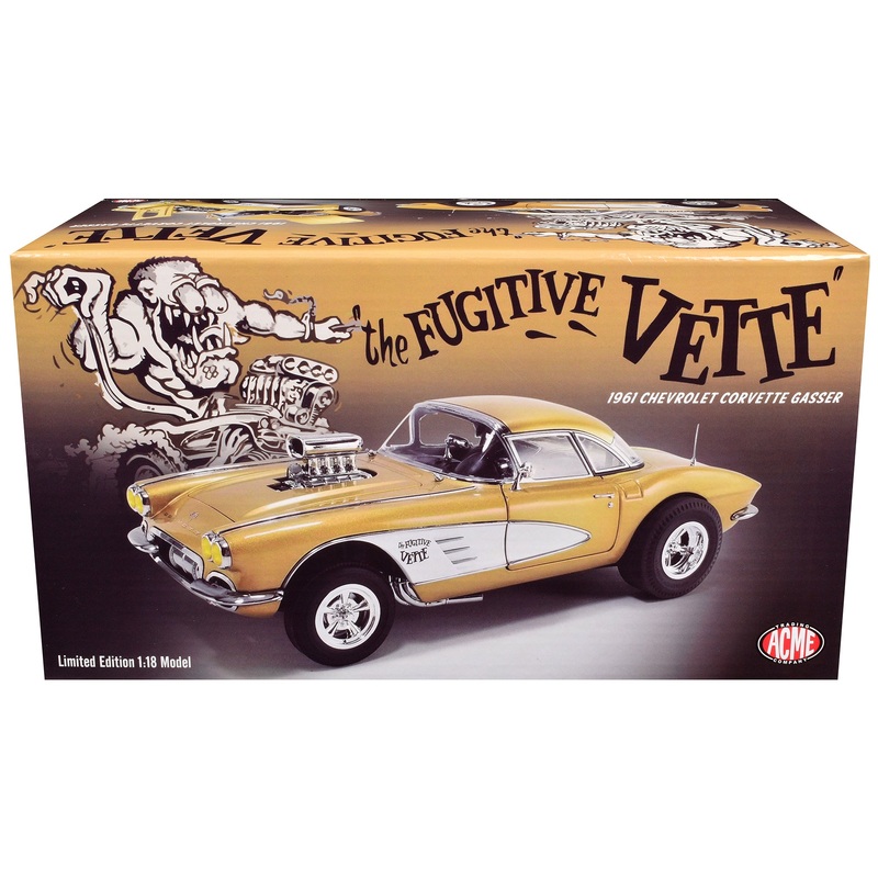 1961 Chevrolet Corvette Gasser “Rat Fink’s The Fugitive Vette” Gold Metallic Limited Edition to 414 pieces Worldwide 1/18 Diecast Model Car by ACME