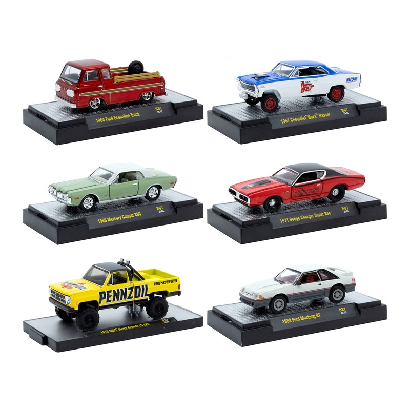 “Auto Meets” Set of 6 Cars IN DISPLAY CASES Release 87 Limited Edition 1/64 Diecast Model Cars by M2 Machines