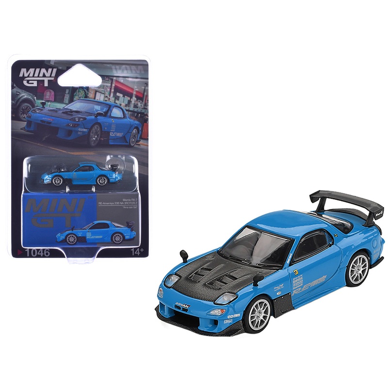 Mazda RX-7 RE-Amemiya 20B NA 3ROTOR-7 RHD (Right Hand Drive) “Ama-san Go” Blue with Carbon Hood Limited Edition 1/64 Diecast Model Car by Mini GT