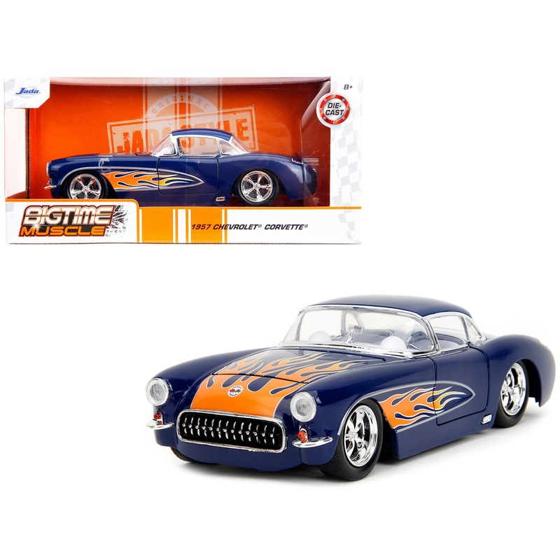 1957 Chevrolet Corvette Dark Blue with Flame Graphics and White Interior “Bigtime Muscle” Series 1/24 Diecast Model Car by Jada