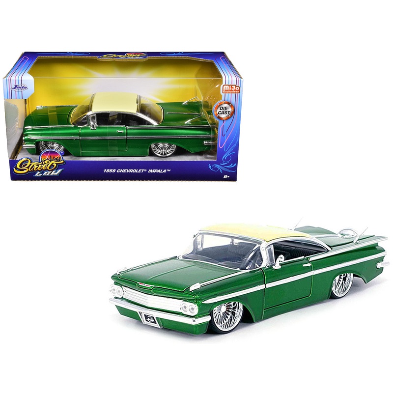 1959 Chevrolet Impala Lowrider Green Metallic with Cream Top and DUB Wire Wheels “Street Low” Series 1/24 Diecast Model Car by Jada