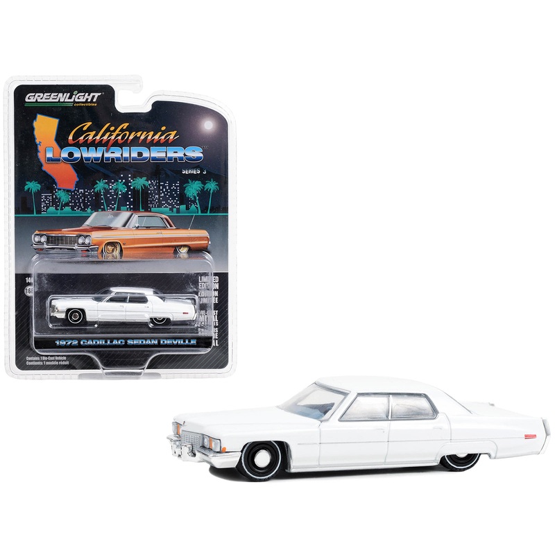 1972 Cadillac Sedan deVille Lowrider Cotillion White with Blue Interior “California Lowriders” Series 3 1/64 Diecast Model Car by Greenlight