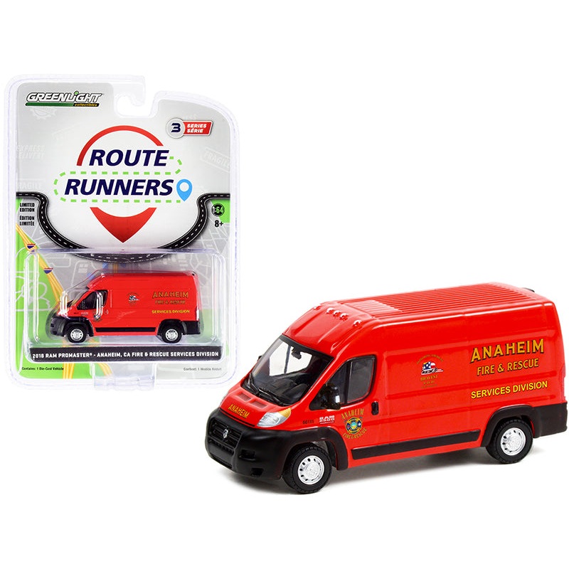 2018 Ram ProMaster 2500 Cargo High Roof Van Red “Anaheim Fire & Rescue Services Division” (California) “Route Runners” Series 3 1/64 Diecast Model by Greenlight