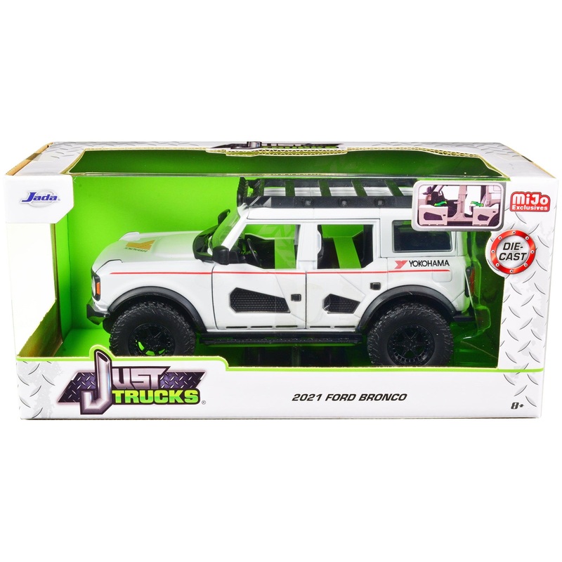 2021 Ford Bronco White with Red Stripes and Roof Rack “Yokohama Tires” “Just Trucks” Series 1/24 Diecast Model Car by Jada
