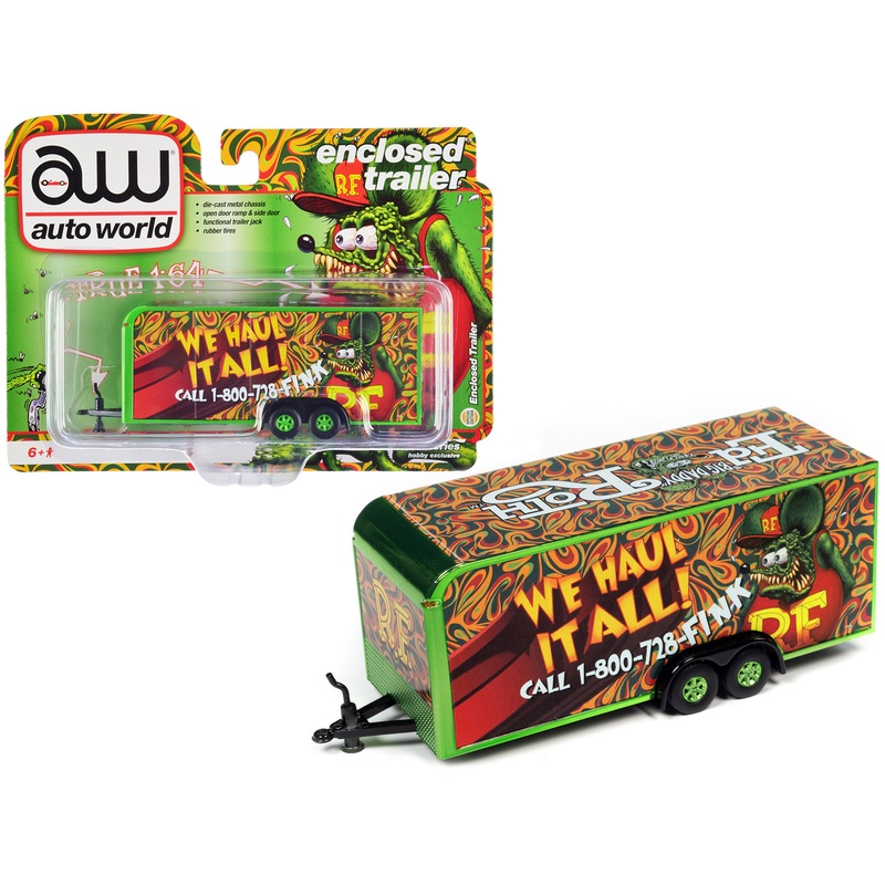 4-Wheel Enclosed Car Trailer Green with Graphics “Rat Fink: We Haul it All!” 1/64 Diecast Model by Auto World