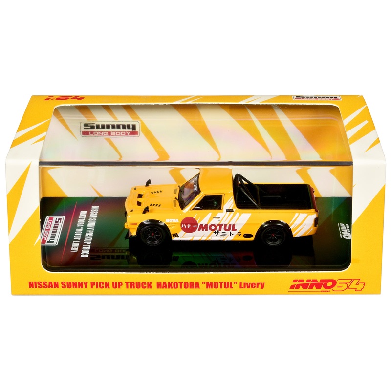 Nissan Sunny “Hakotora” Pickup Truck RHD (Right Hand Drive) “Motul” Yellow with White Stripes 1/64 Diecast Model Car by Inno Models