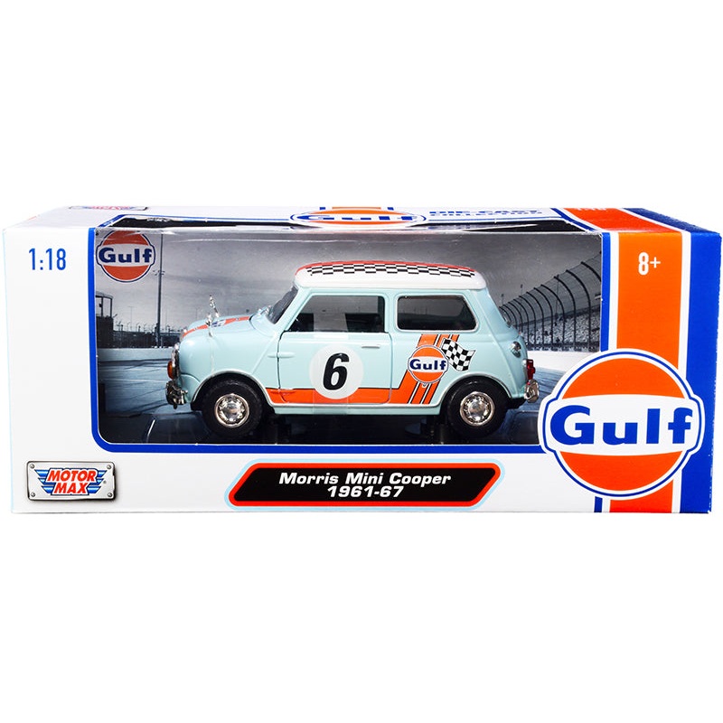 1961-1967 Morris Mini Cooper RHD (Right Hand Drive) #6 “Gulf Oil” Light Blue with Orange Stripes and Checkered Top “City Classics” Series 1/18 Diecast Model Car by Motormax