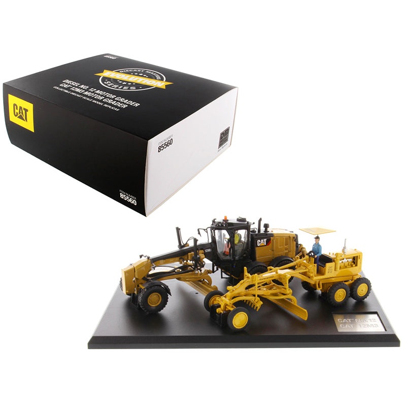 Cat Caterpillar No. 12 Motor Grader (Circa 1939-1959) and Cat Caterpillar 12M3 Motor Grader (Current) with Operators “Evolution Series” Set of 2 pieces 1/50 Diecast Models by Diecast Masters