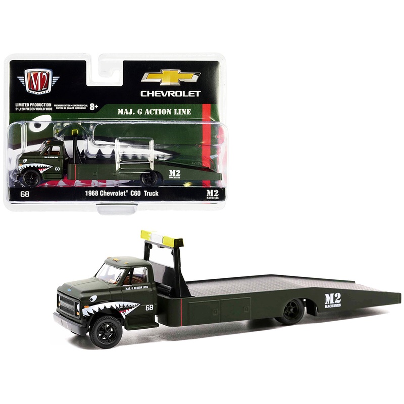 1968 Chevrolet C60 Flatbed Truck #68 Matt Dark Green with Graphics “Maj. G Action Line” Limited Edition to 21120 pieces Worldwide 1/64 Diecast Model by M2 Machines