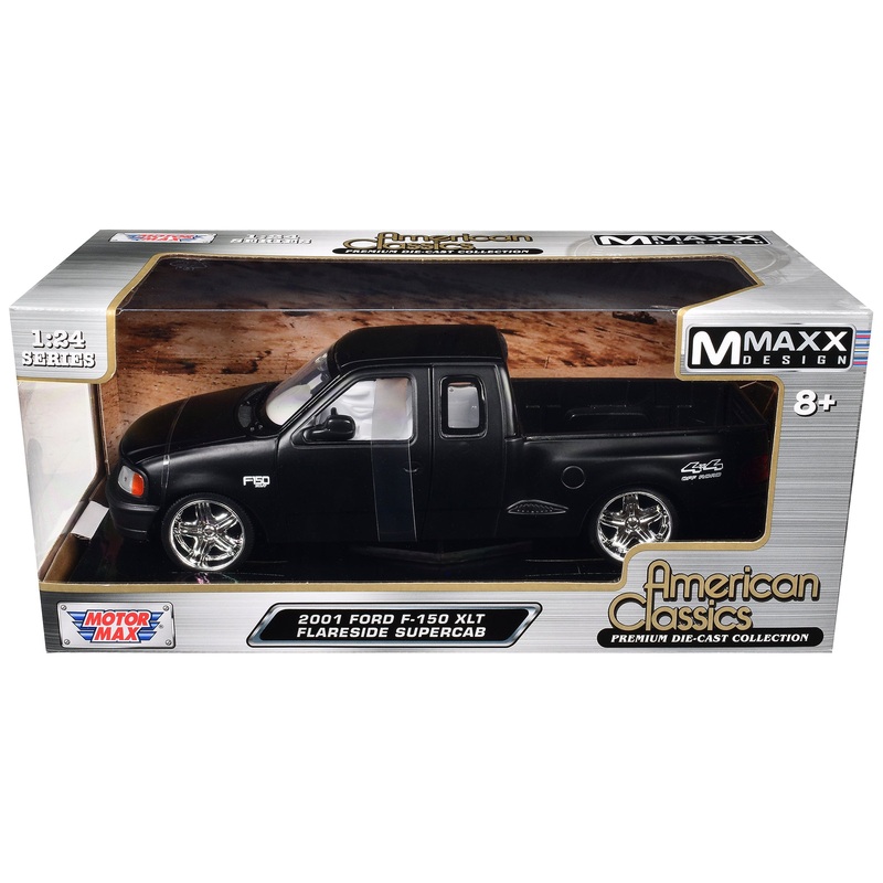 2001 Ford F-150 XLT Flareside Supercab Pickup Truck Matt Black with White Interior “Maxx Design” “American Classics” Series 1/24 Diecast Model Car by Motormax