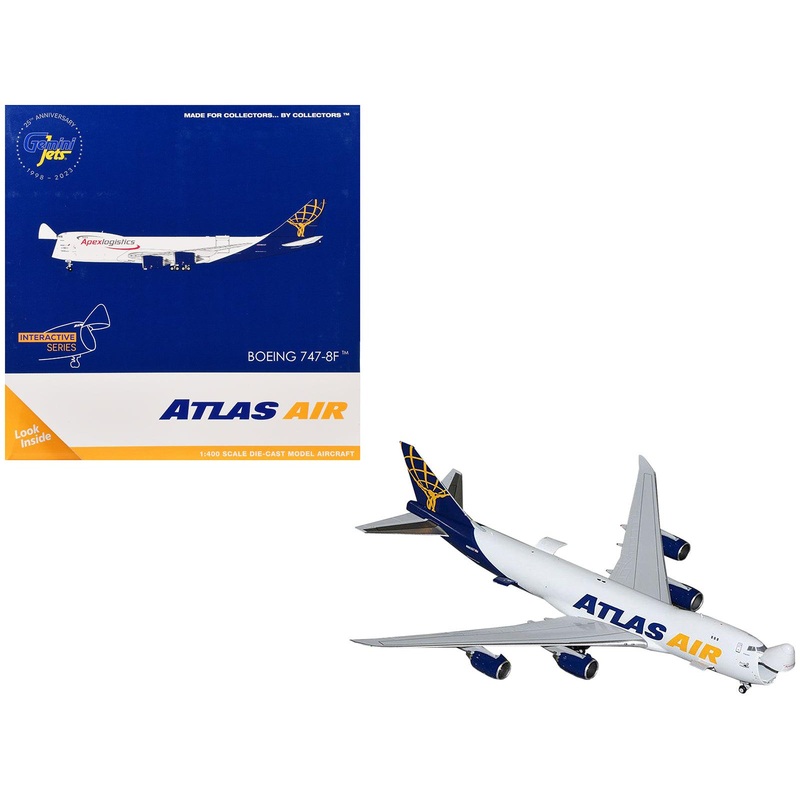 Boeing 747-8F Commercial Aircraft “Atlas Air – Apex Logistics” (N863GT) White with Blue Tail “Interactive Series” 1/400 Diecast Model Airplane by GeminiJets