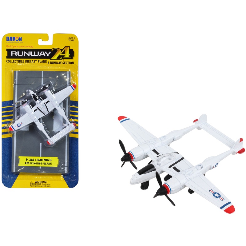 Lockheed P-38J Lightning Fighter Aircraft White with Red Wingtips “United States Army Air Force” with Runway Section Diecast Model Airplane by Runway24