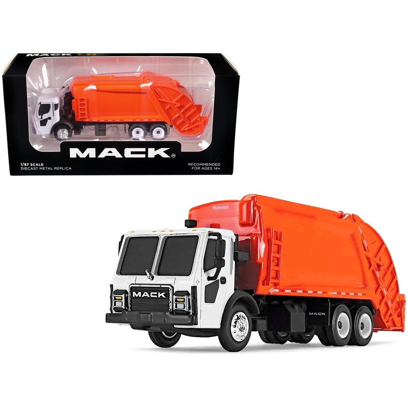 Mack LR with McNeilus Rear Load Refuse Body Orange and White 1/87 (HO) Diecast Model by First Gear