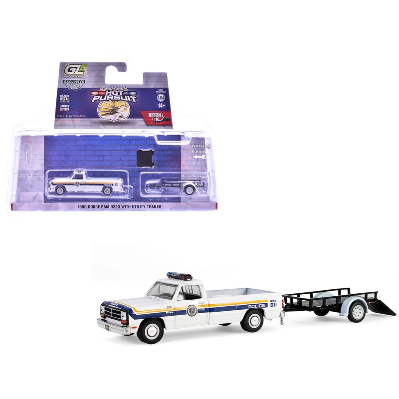 1990 Dodge Ram D250 Pickup Truck “Philadelphia PA Police Department” White with Stripes and Utility Trailer “Hot Pursuit Hitch & Tow” Series 1 1/64 Diecast Model Cars by Greenlight