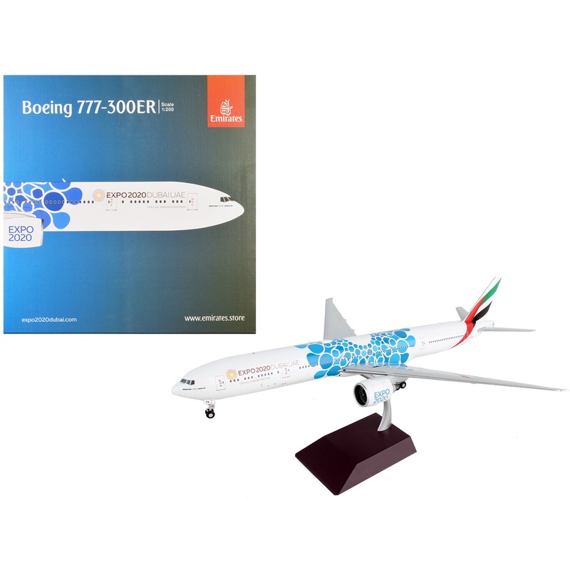Boeing 777-300ER Commercial Aircraft “Emirates Airlines – Dubai Expo 2020” White with Blue Graphics “Gemini 200” Series 1/200 Diecast Model Airplane by GeminiJets