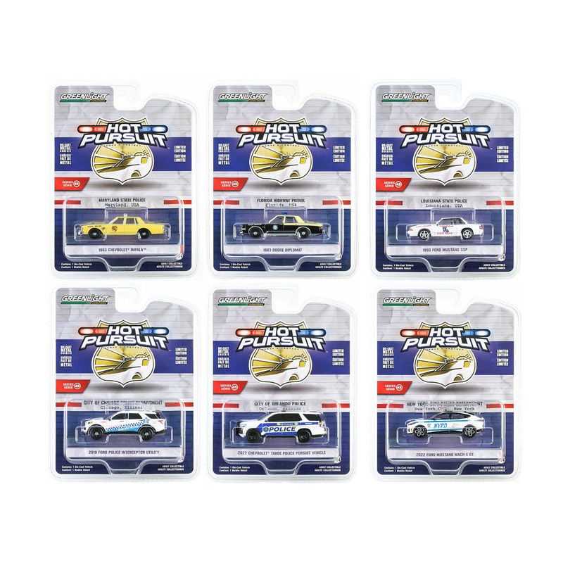 “Hot Pursuit” Set of 6 Police Cars Series 45 1/64 Diecast Model Cars by Greenlight