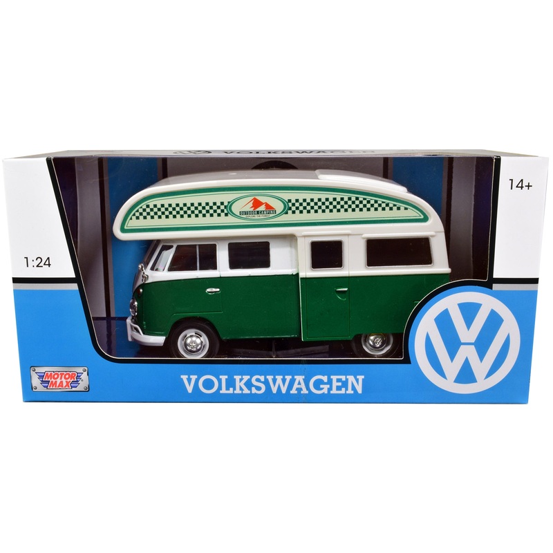 Volkswagen Type 2 (T1) Camper Van Green and White “Outdoor Camping Explore the Forest” 1/24 Diecast Model Car by Motormax