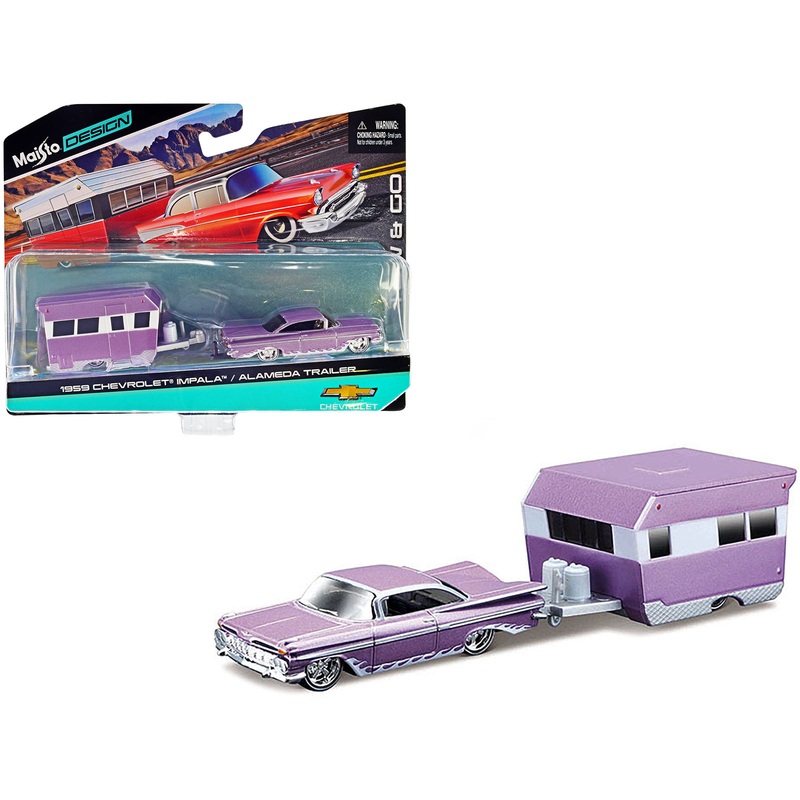 1959 Chevrolet Impala Purple Metallic with White Graphics and Alameda Trailer Purple Metallic and White “Tow & Go” Series 1/64 Diecast Model Car by Maisto