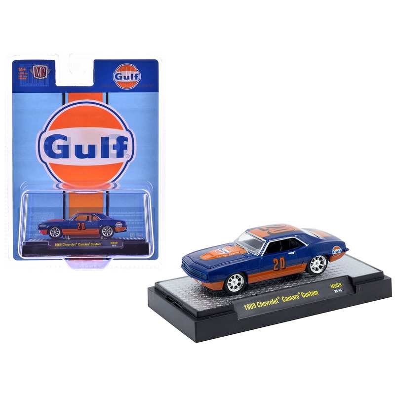 1969 Chevrolet Camaro Custom #20 “Gulf Oil” Dark Blue and Orange Limited Edition to 5500 pieces Worldwide 1/64 Diecast Model Car by M2 Machines
