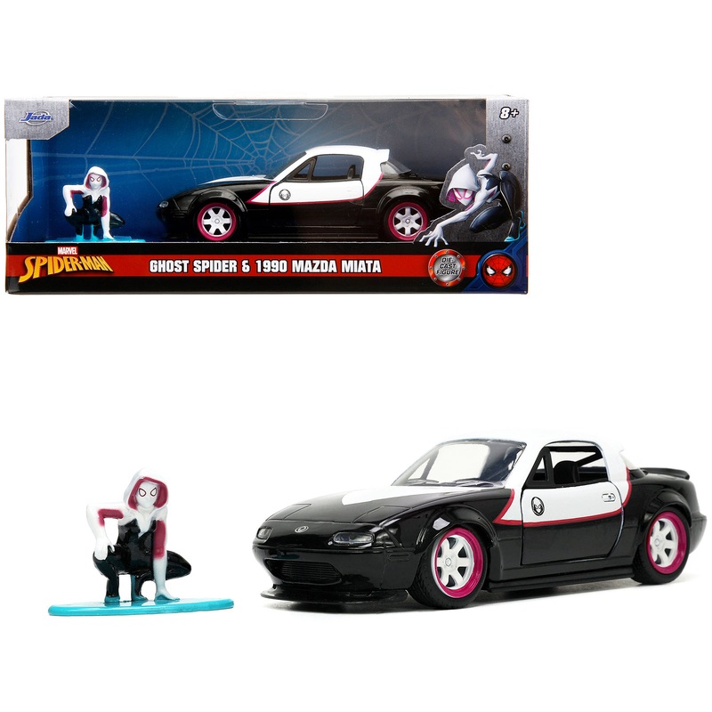 1990 Mazda Miata Black and White with Graphics and Ghost Spider Diecast Figure “Spider-Man” “Marvel” Series 1/32 Diecast Model Car by Jada