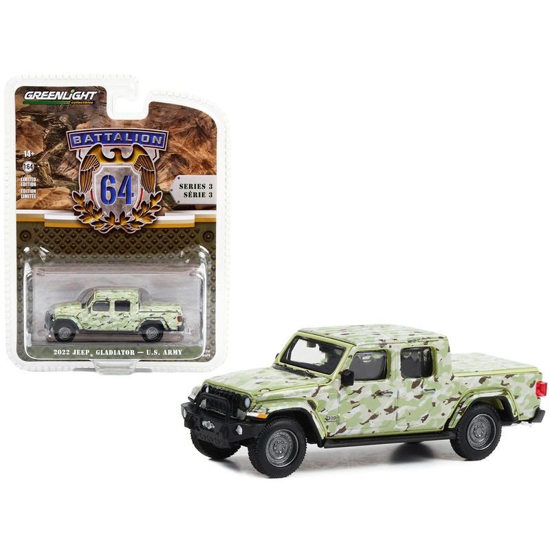 2022 Jeep Gladiator Pickup Truck “U.S. Army” Military-Spec Camouflage “Battalion 64” Series 3 1/64 Diecast Model Car by Greenlight
