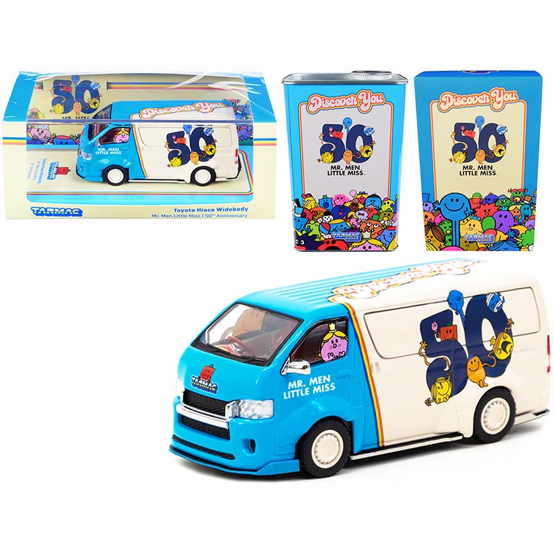 Toyota Hiace Widebody Van “Mr. Men Little Miss 50th Anniversary” (1971-2021) with METAL OIL CAN 1/64 Diecast Model Car by Tarmac Works