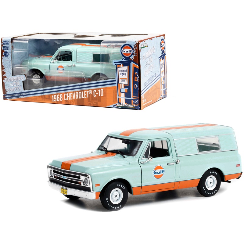 1968 Chevrolet C-10 Pickup Truck Light Blue with Orange Stripes with Camper Shell “Gulf Oil” “Running on Empty” Series 5 1/24 Diecast Model Car by Greenlight
