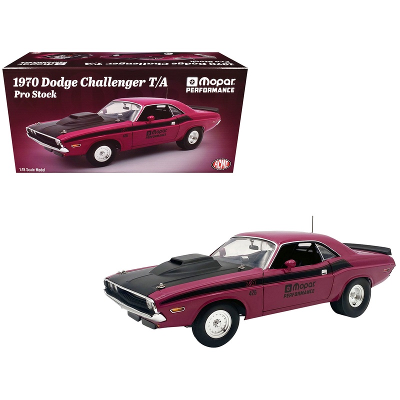 1970 Dodge Challenger T/A Pro Stock “Mopar Performance” Panther Pink with Black Stripes and Black Hood Limited Edition to 350 pieces Worldwide 1/18 Diecast Model Car by ACME