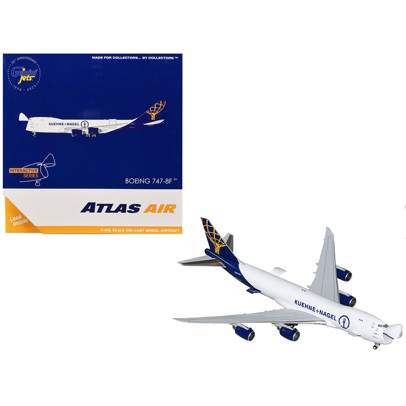 Boeing 747-8F Commercial Aircraft “Atlas Air – Kuehne+Nagel” (N862GT) White with Blue Tail “Interactive Series” 1/400 Diecast Model Airplane by GeminiJets