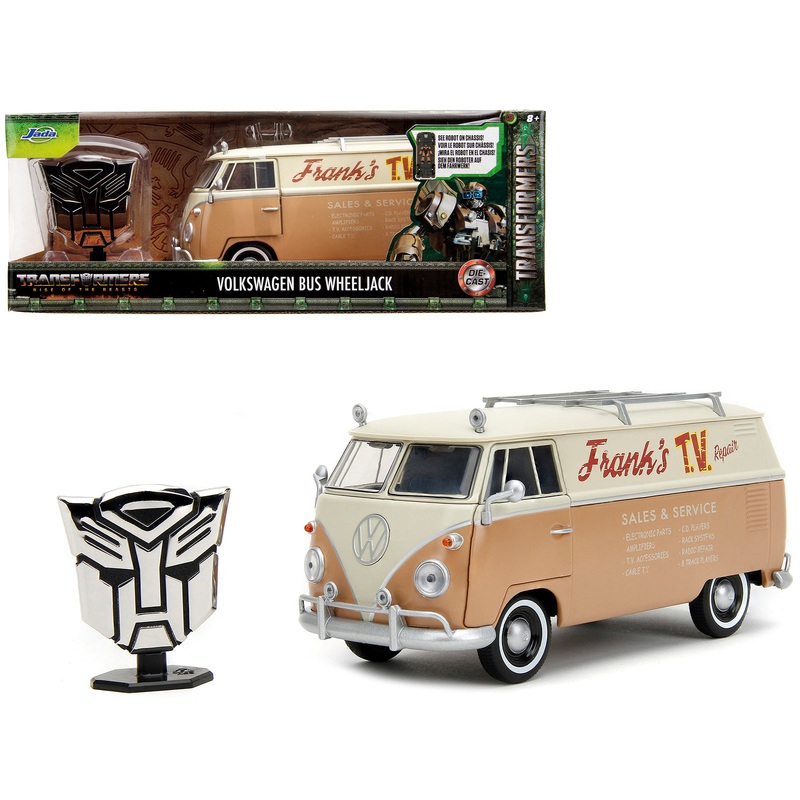Volkswagen Bus “WheelJack” Tan and Beige “Frank’s TV Repair” and Transformers Logo Diecast Statue “Transformers: Rise of the Beasts” (2023) Movie “Hollywood Rides” Series 1/24 Diecast Model Car by Jada