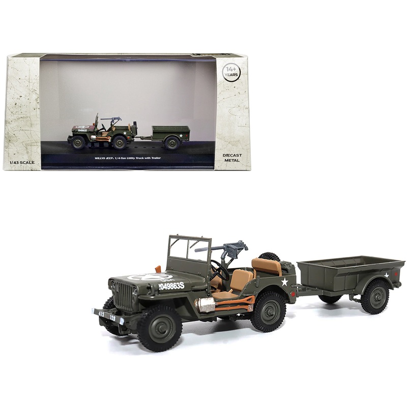 Willys Jeep 1/4-Ton Utility Truck Olive Drab with Trailer “United States Army” 1/43 Diecast Model by Militaria Die Cast