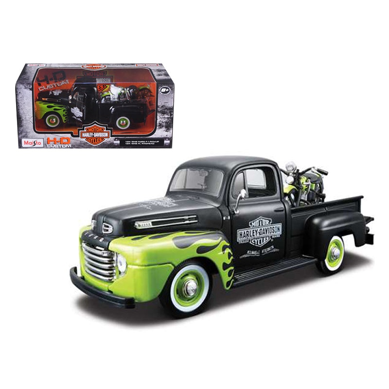 1948 Ford F-1 Pickup Truck “Harley Davidson” with 1948 Harley Davidson FL Panhead Motorcycle Black and Green 1/24 Diecast Models by Maisto