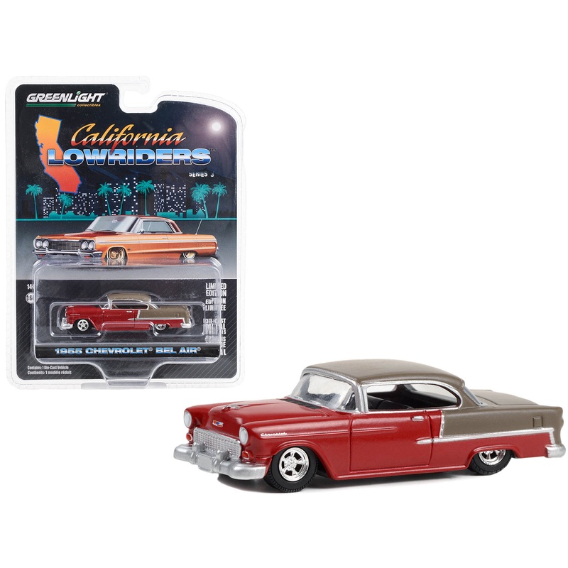 1955 Chevrolet Bel Air Lowrider Ruby Red and Matt Bronze “California Lowriders” Series 3 1/64 Diecast Model Car by Greenlight