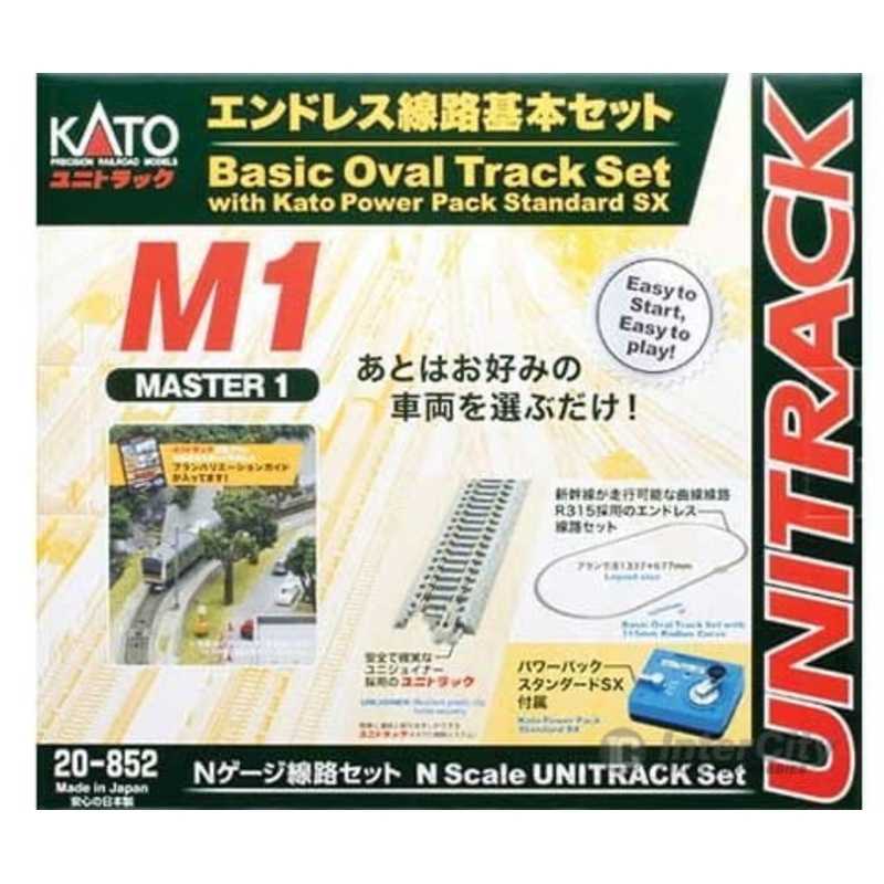 Kato N 20852 M1 Basic Oval Track Starter Set – Unitrack — Oval w/12-3/8″ Radius Curves, Rerailer, Power Pack SX