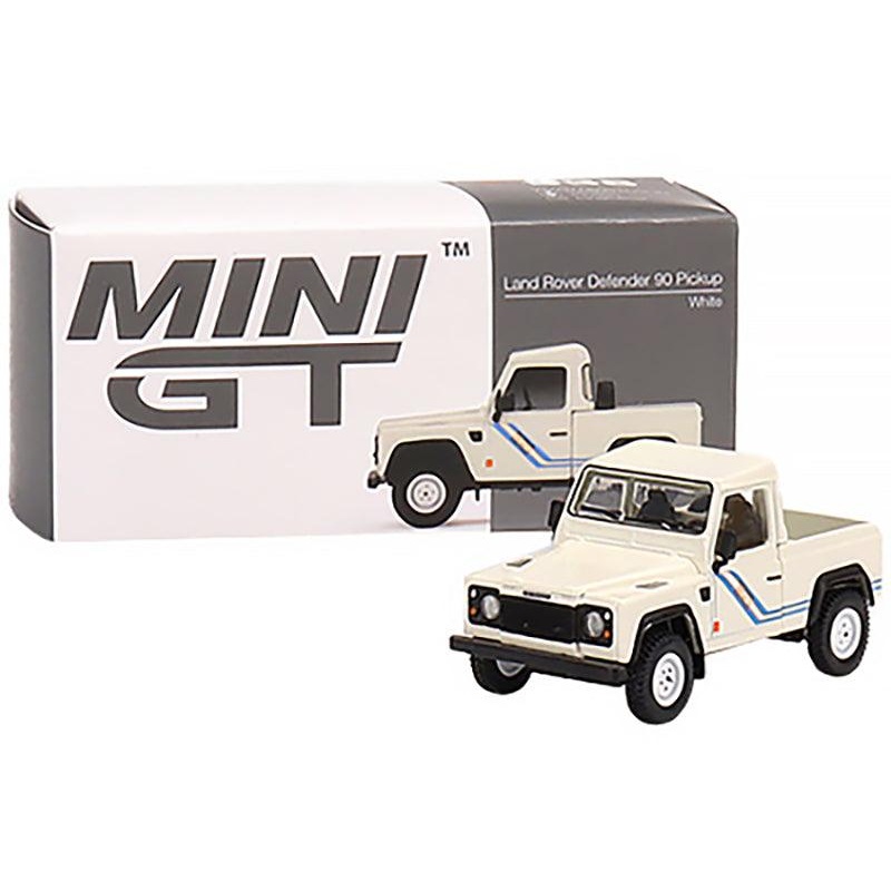 Land Rover Defender 90 Pickup Truck White with Blue Stripes Limited Edition to 3000 pieces Worldwide 1/64 Diecast Model Car by Mini GT