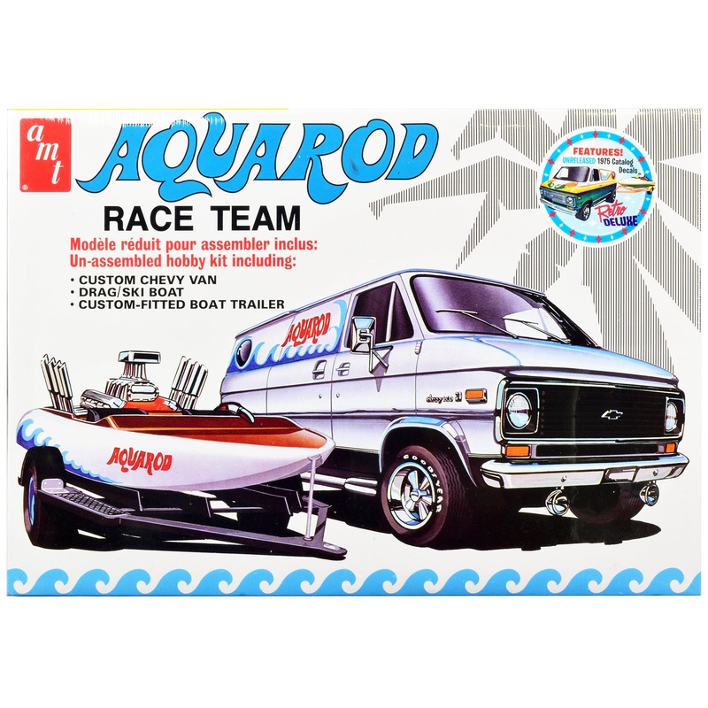 Skill 2 Model Kit Chevrolet Custom Van with Drag/Ski Boat and Trailer “Aqua Rod Race Team” 1/25 Scale Model by AMT