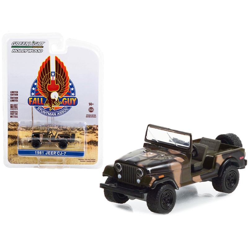 1981 Jeep CJ-7 Camouflage “Fall Guy Stuntman Association” Hollywood Special Edition 1/64 Diecast Model Car by Greenlight
