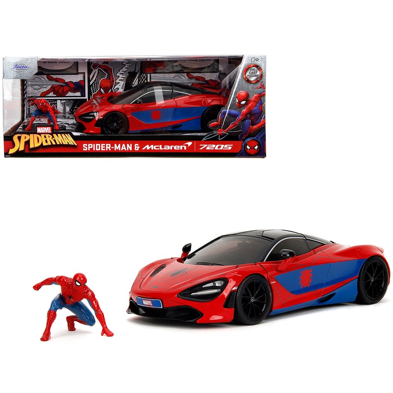 McLaren 720S Red and Blue with Black Top and Graphics and Spider-Man Diecast Figure “Marvel Spider-Man” “Hollywood Rides” Series 1/24 Diecast Model Car by Jada