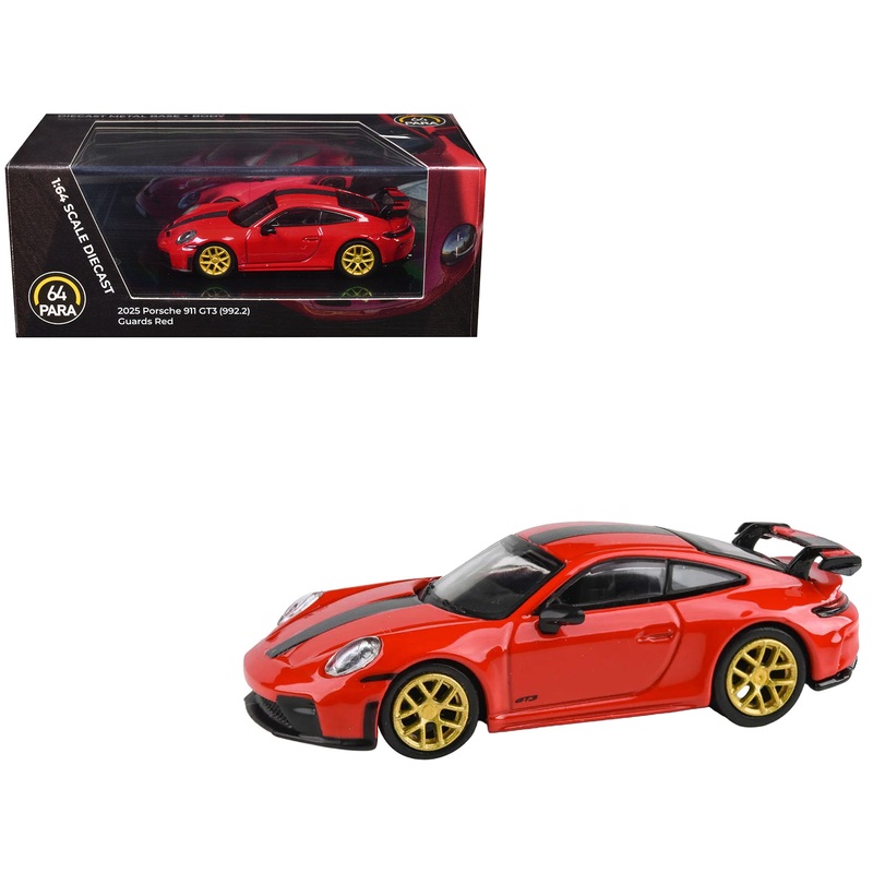 2025 Porsche 911 GT3 (992.2) Guards Red with Carbon Stripe and Gold Wheels 1/64 Diecast Model Car by Paragon Models