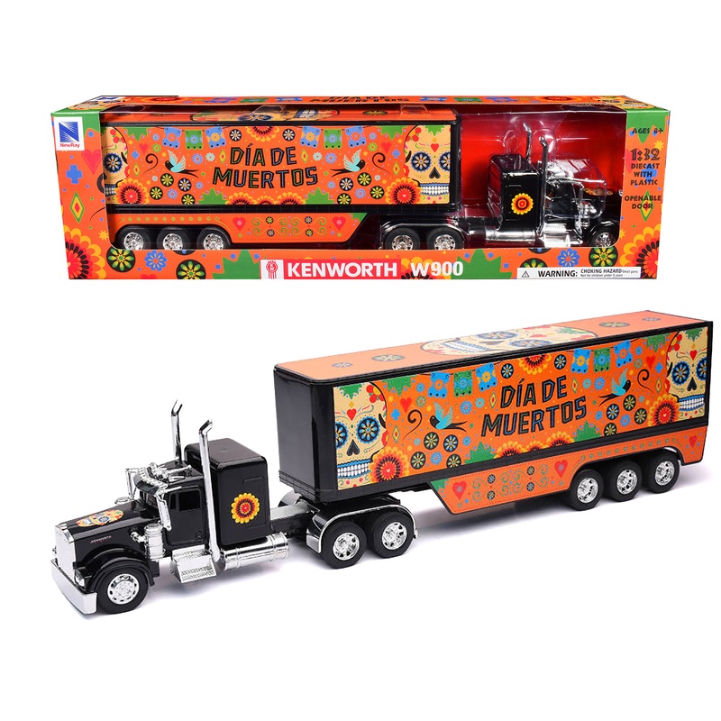Kenworth W900 Truck Black with Graphics and Dry Van Trailer “Dia De Muertos” 1/32 Diecast Model by New Ray