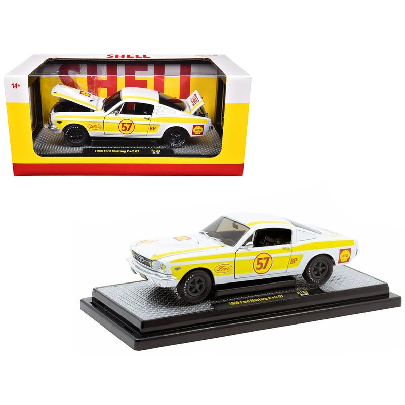 1966 Ford Mustang 2+2 GT #57 “Shell Oil” White with Yellow Stripes Limited Edition to 5650 pieces Worldwide 1/24 Diecast Model Car by M2 Machines