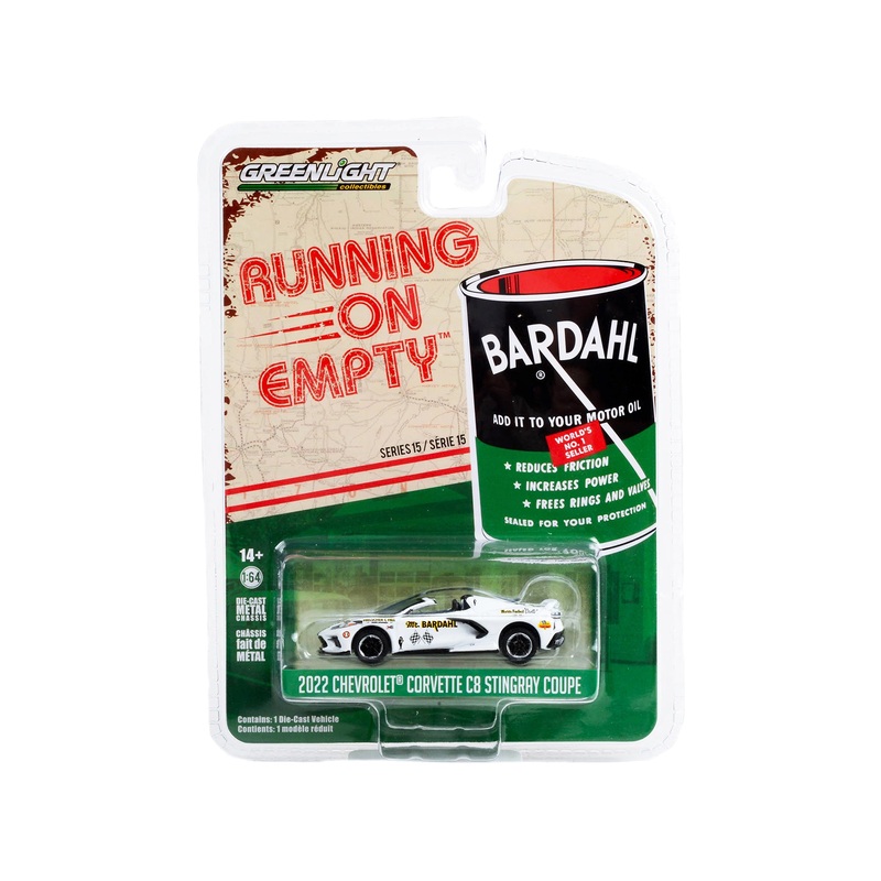 2022 Chevrolet Corvette C8 Stingray Convertible White with Blue Stripes and Interior “Mr. Bardahl” “Running on Empty” Series 15 1/64 Diecast Model Car by Greenlight
