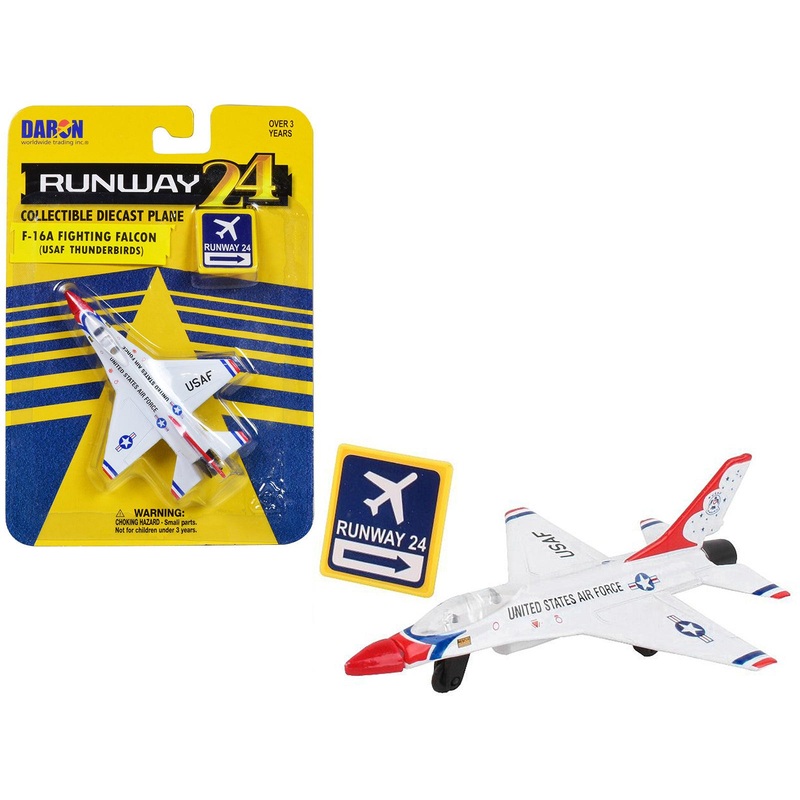 General Dynamics F-16 Fighting Falcon Fighter Aircraft White “United States Air Force Thunderbirds” with Runway 24 Sign Diecast Model Airplane by Runway24