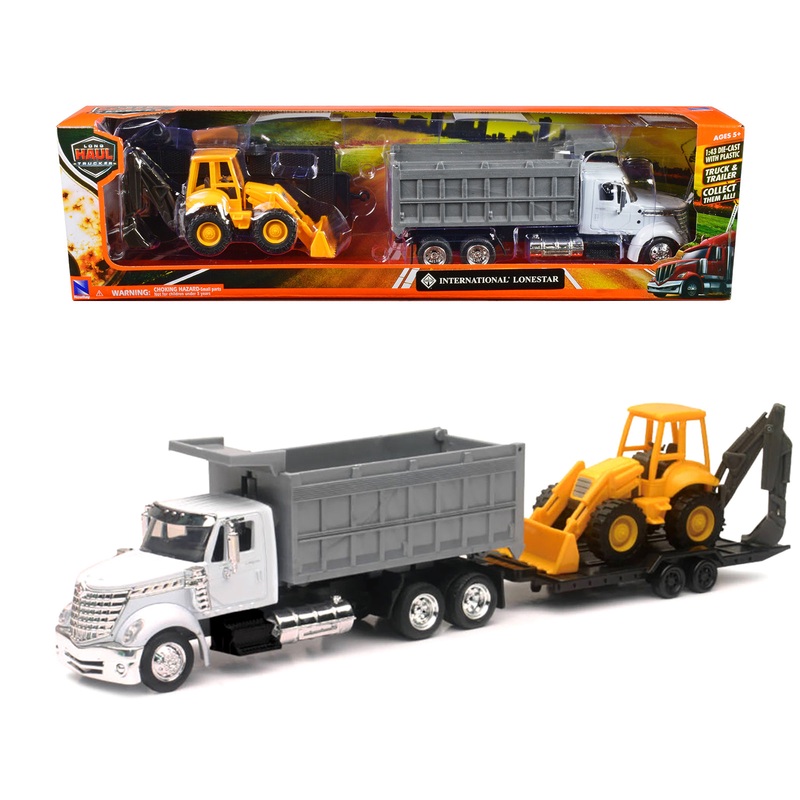 International Lonestar Dump Truck White and Wheel Loader Yellow with Flatbed Trailer “Long Haul Truckers” Series 1/43 Diecast Model by New Ray