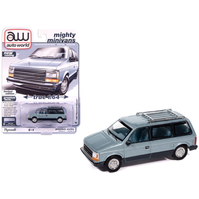 1987 Plymouth Voyager Van Ice Blue Metallic and Twilight Blue Metallic 2-Tone with Blue Interior “Mighty Minivans” Series 1/64 Diecast Model Car by Auto World