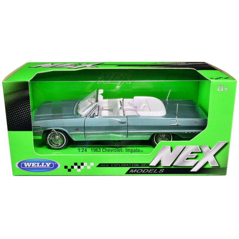 1963 Chevrolet Impala Convertible Light Blue Metallic with White Interior “NEX Models” 1/24 Diecast Model Car by Welly