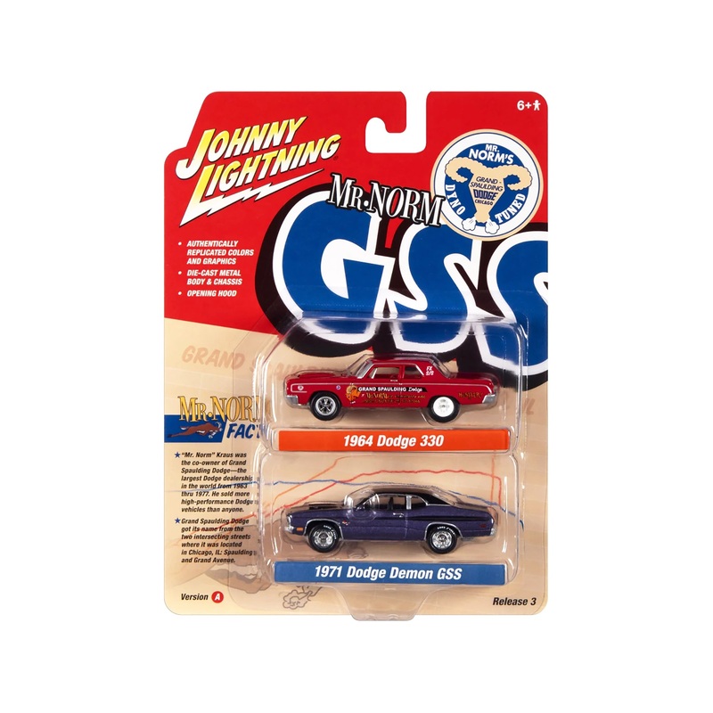 1964 Dodge 330 “Mr. Norm – Grand Spaulding Dodge” Red and 1971 Dodge Demon GSS Plum Crazy with Black Top and Stripes “Mr. Norm GSS” Series Set of 2 Cars 1/64 Diecast Model Cars by Johnny Lightning