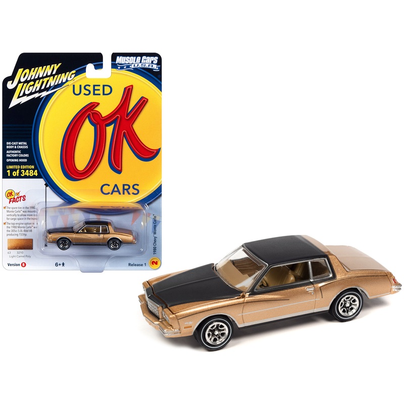 1980 Chevrolet Monte Carlo Light Camel Gold Metallic with Black Top and Hood Limited Edition to 3484 pieces Worldwide “OK Used Cars” 2023 Series 1/64 Diecast Model Car by Johnny Lightning