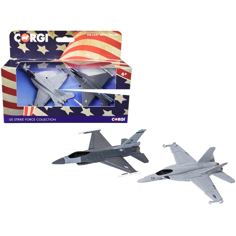 General Dynamics F-16 Fighting Falcon Fighter Aircraft and McDonnell Douglas F/A-18 Super Hornet Fighter Aircraft Set of 2 Pieces “US Strike Force Collection” Diecast Models by Corgi